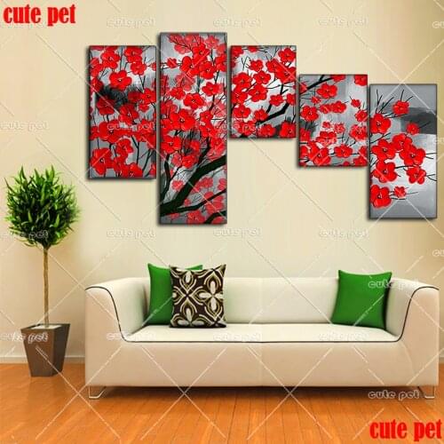 DIY cross stitches full drill diamond painting Red flower branches 5D Diamond Painting Diamond Mosaic Gift Embroidery Decor 5PCS