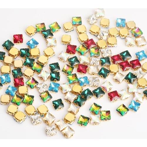 8mm Mixed Color Glass Square Sew On Crystal Rhinestone Jewel Beads Sewing Rhinestone Flat Back Gold Claw for Garment Accessories