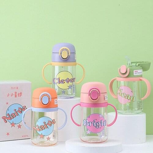JY Childrens Tritan Plastic Cup Summer Water Bottle With Straw&Handle Anti-fall Learning Drinking 400Ml DY-SL279