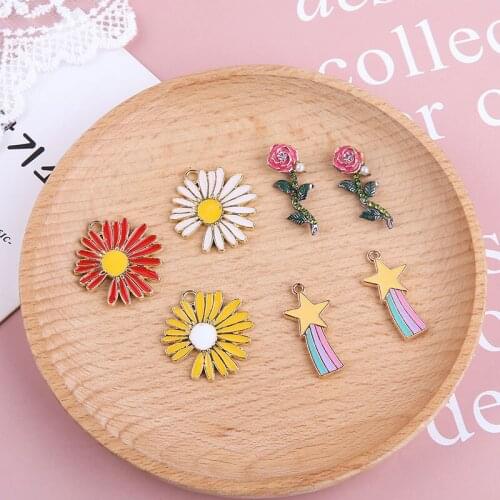 DIY Jewelry Findings Ornament Accessories 20pcs Cute Oil Drop Sunflower Rose Star Rainbow Alloy Necklace Earring Pendants