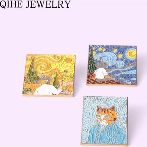 Cat Self Portrait Wheatfield Star Night Enamel Pins Famous Painting Brooches for Painter Fans Bag Clothes Lapel Badge Jewelry