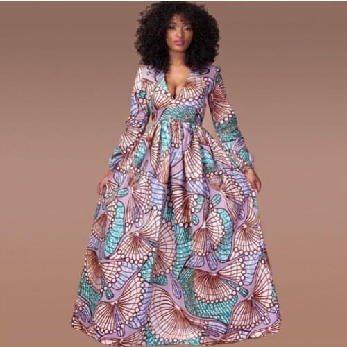 Fadzeco Elegant African Dresses Dashiki Print V Neck Long Robe Dress Vestidos Party Style Bazin Riche Autumn Fashion Sexy Dress