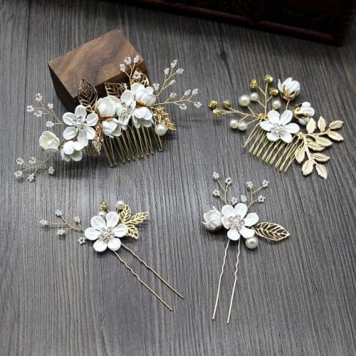 Handmade Crystal Rhinestone Pearls Blue White Purple Flower Bridal Hair Comb Hair Pin Set Wedding Hair Accessory Bridal Jewelry
