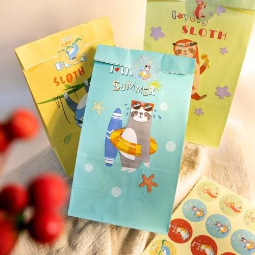 ICraft 12sets Hand Drawn Cute Funny Sloth Paper Gift Bag Candy Donut Packing Birthday Summer Party Treat Pack Wrapping Supply