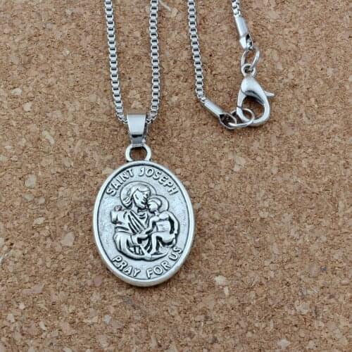2Pcs / Lot "SAINT JOSEPH PRAY FOR US" Religion Alloy Charms Pendant Necklaces Jewelry DIY 23.6 Inches Chains A-439d