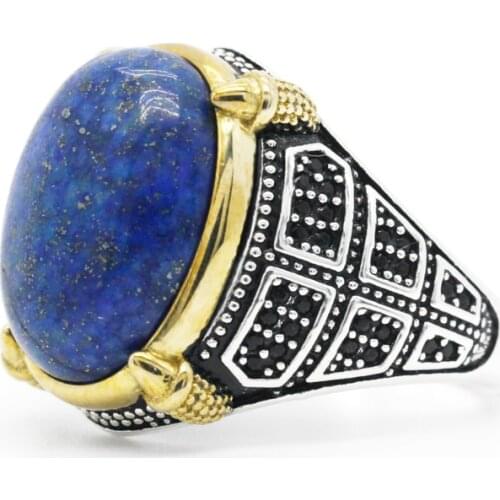 Lapis Lazuli Stone Ring for Men 925 Sterling Silver Natural Blue Gemstone with Black CZ Rings Vintage Jewelry to Husband Gift