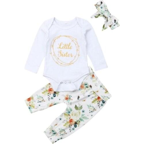 Newborn Baby Girls Clothes Sets Long Sleeve Little Sister Romper Floral Leggings Pants Headband Warm Clothes Set