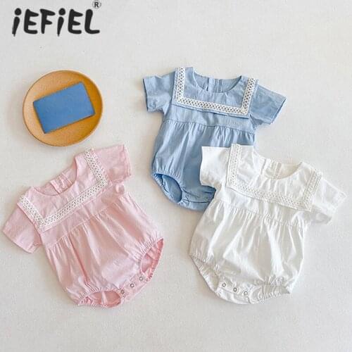 Embroidery Lace Princess Toddler Romper 2021 Summer Newborn Baby Girl Clothes Cotton Pure Color Infant Outfits 2pcs With Hats