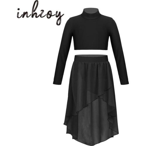 Kids Girls Ballet Dance Wear Solid Color Long Sleeves Crop Top With Chiffon Skirts Set Gymnastics Stage Lyrical Dance Costumes