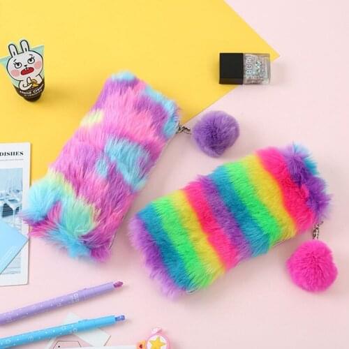 Korean Kawaii Cute Plush School Pencil Case Rainbow Pencilcase for Girls Large Big Pen Bag Stationery Pouch Box Supplies