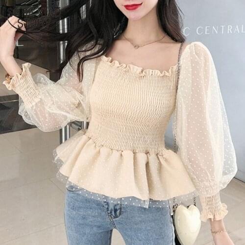 Sexy Slash Neck Lantern Long Sleeve Waist Hugging Women Shirts Vintage Polka Dot Mesh Women Blouse Autumn New Top Female 10546