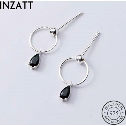 INZATT Real 925 Sterling Silver Black Zircon Round Stud Earrings For Fashion Women Party Bohemian Fine Jewelry Accessories