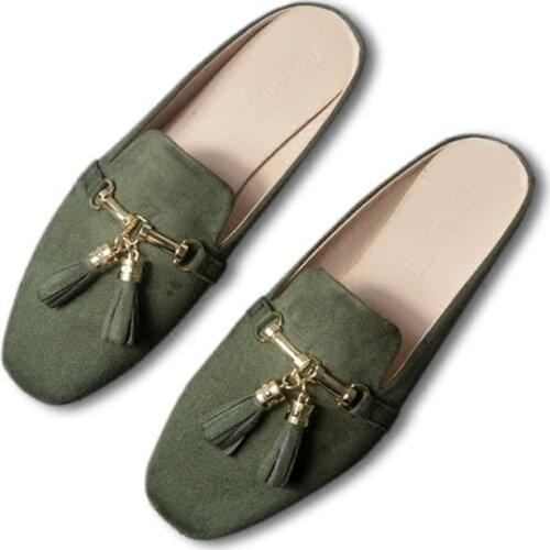 Womens Summer Lazy Slippers Women Vintage Tassels Mules Shoes Outdoor Low Heel Solid sandals Women Slides Flip-flops Size 32-43