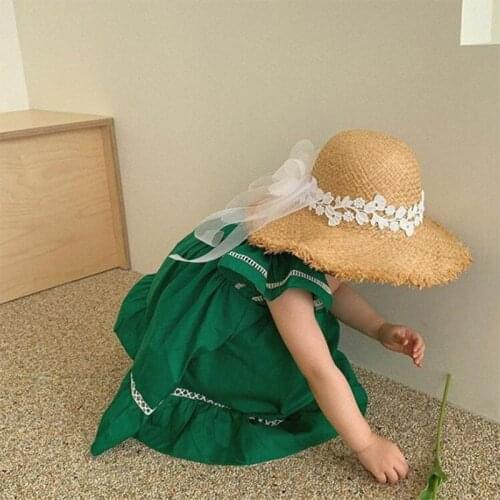 2021 New Fashion Korean Summer Lace Lace Big Bow Parent Child Beach Big Eaves Sunshade Lafite Handmade Straw Hat