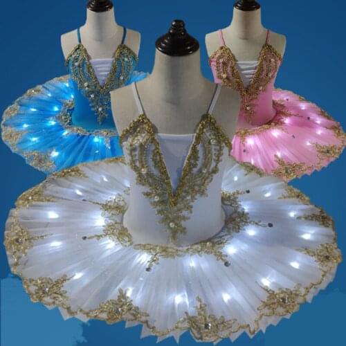 Adult Female Light LED Ballet Dance Dress Childkids Professional Swan Lake Performance Tutu Girl Jumpsuit Pancake Dancewear H635