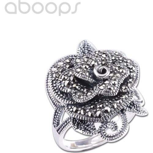 Vintage 925 Sterling Silver Rose Flower Ring with Marcasite for Women Girls,Adjustable Size 6-8,Free Shipping