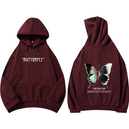 Women Cotton Sweatshirt Hoodie Butterfly Ulzzang Korean Hooded Hoodies Long Sleeve Printed Unisex Hip Hop Retro Streetwear Girls