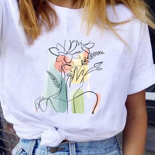Women Graphic Fashion Watercolor Floral Face Printing Casual Style 90s Style Lady Print Female Clothes Tops Tees Tshirt T-Shirt