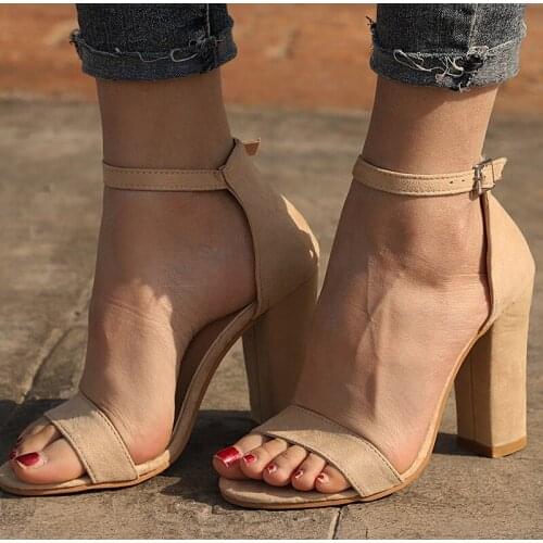 Dropshiping 2019 Summer Women Flock Square Sandals High Heels Buckle Strap Female Fashion Dress Sandal Shoes for Girls Plus Size