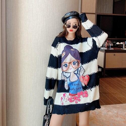 Woman Cute Cartoon Appliques Knit Sweater 2020 Autumn Women Long Sleeve Knitwear Loose Pullover Outfit Sweatshirts Beading