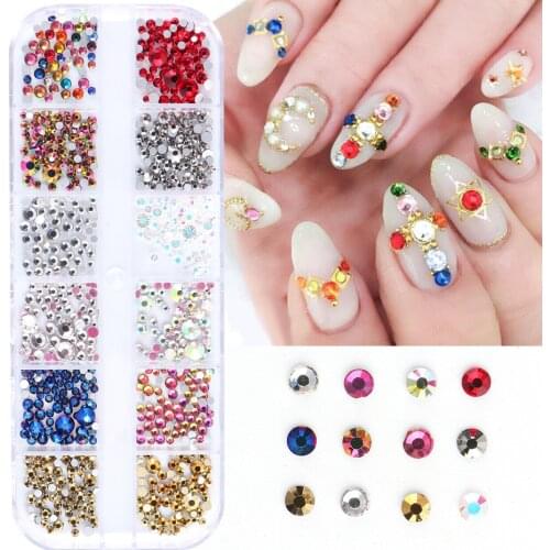 12 Grid Colorful Crystal Nail Full Color AB Color Mixed Size Luminous Glass Nail Sticker Diamond Rhinestones Nail Art Decoration
