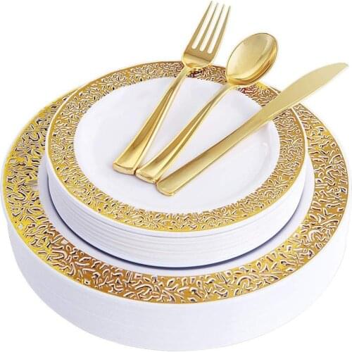 150pcs Gold Plastic Plates with Disposable Plastic Silverware,Lace Design Wedding Party Plastic Tableware Sets for all Holidays