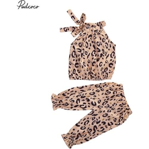 2020 Fashion New 1-6Y Leopard 2pcs Toddler Baby Girl Clothes Halter Bow Sleeveless Bouse Tops+Long Pants Leopard Print Set