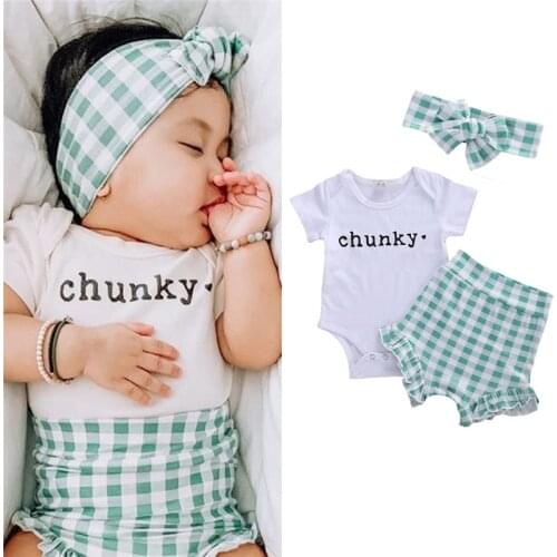 2021 Summer Cute Toddler Infant Baby Girl Clothing O-Neck Cotton Short Sleeve Romper Top Plaid Printed Short Pant Headband Set