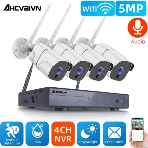 4CH Wireless NVR 5MP HD Outdoor Home Security Camera System CCTV Video Surveillance NVR Kit Waterproof IP66 Wifi Camera Set P2P