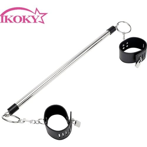 IKOKY Leather Wrist Ankle Cuffs Restraint Bondage Stainless Steel Spreader Bar With Lock & Keys For Women Couples Sex Toys