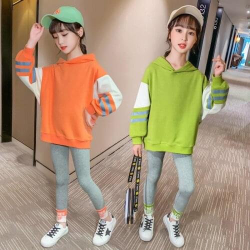 Spring And Autumn Girls' Suit Fashion Stitching Hooded Pullover Elastic Waist Trousers 2-piece Suit Girls Sports Suit 6-12 Years