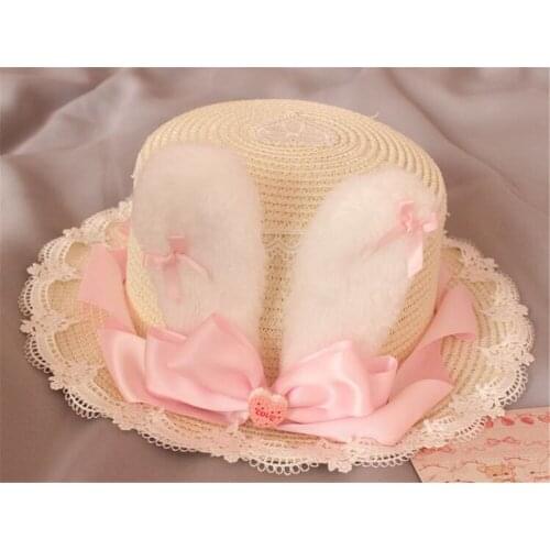 Handmade Sweet Lolita Cute Plush Rabbit Ears Straw Hat Lace Trim Flat Top Cap Sunhat beach hat B1330