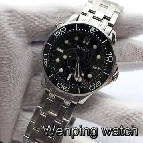 Bliger 41mm mens top casual business watch sapphire glass ceramic bezel black dial luminous waterproof mens automatic watch