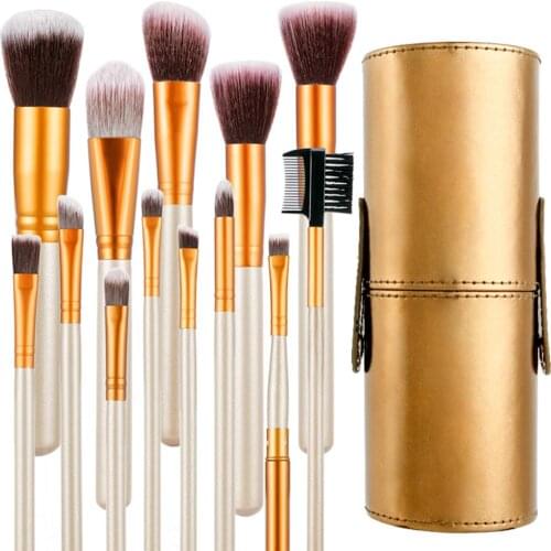 12pcs Makeup Brushes with Pen Holder Luxury Champagne Makeup Brush Set For Foundation Powder Blush Eyeshadow Concealer Lip Eye