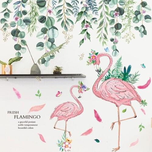 [shijuekongjian] Pink Flamingo Animal Wall Stickers DIY Green Leaves Wall Decals for Kids Rooms Baby Bedroom Nursery Decoration