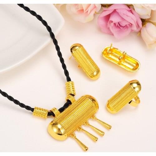 Latest Ethiopian Traditional Jewelry Set Necklace Earrings/Pendant/Ring 24 k Yellow Solid Gold FINISH Eritrea Womens Fashion