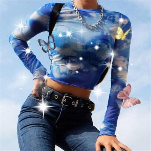 New Hot Womens Sexy Crop Top Printed Mesh See-through Long-Sleeved T-shirt Slim Tops Clubwear Tee Shirt Summer