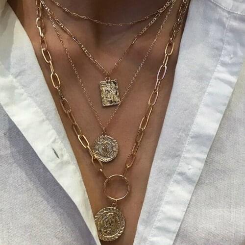 Punk layered curling Cuban thick portrait necklace female necklace antique gold coin pendant necklace for female jewelry