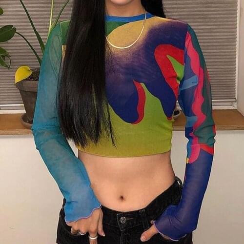 2021 Fashion Abstract Print Sexy Mesh Tops Women Long Sleeve Crew Neck Slim Fit Crop Top Streetwear Casual T-Shirt Short Tee