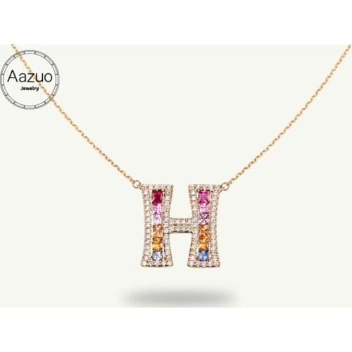 Aazuo 18K Rose Gold Natural Coloured Gemstone Real Diamond Original Rainbow Letter Free Pendent Necklace gifted for Women Au750