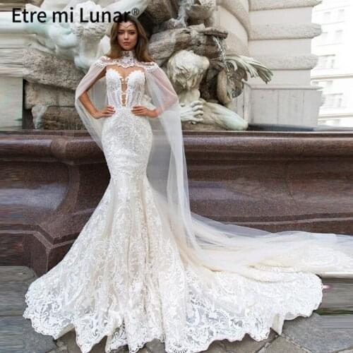 2021 Lace Wedding Dresses 2020 Vestidos De Novia Mermaid Crystal With Cape Sheer Neck Bohemian Bridal Gowns Real Photo WD30622