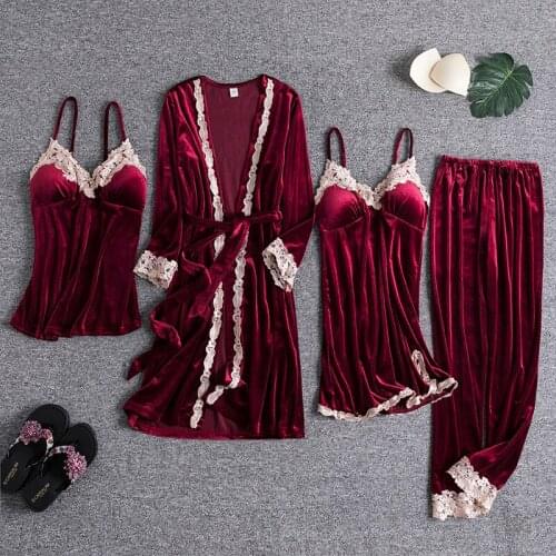 4PCS Pajamas Set Womens Velour Robe Gown Burgundy Autumn Winter Nightgown Kimono Sleepwear Velvet Home Clothing Nightwear