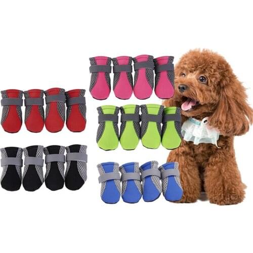 A 4Pcs/set Breathable Dog Shoes Anti-slip Pet Boots Paw Protector Reflective Straps Dog Teddy Comfortable Net Shoes