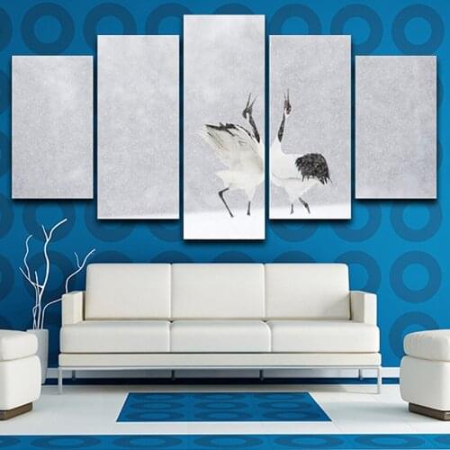 5 Pieces White Cranes Snowing Nature Landscape Hd Printed Home Decoration Poster Wall Art Pictures Living Room Canvas Painting