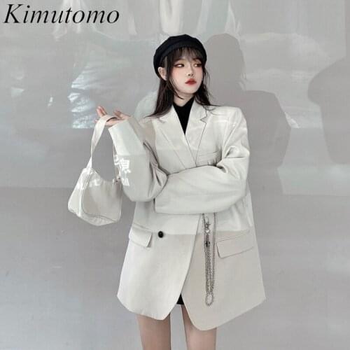 Kimutomo Blazers Women 2021 Autumn Temperament Sweet Ladies Solid Color Oversize Casual Double Breasted Long-Sleeved Suit Jacket
