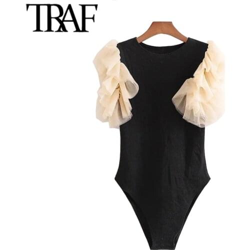 TRAF Women Sexy Fashion Patchwork Ribbed Knitted Bodysuits Vintage Tulle Sleeve Stretch Slim Female Playsuits Chic Tops