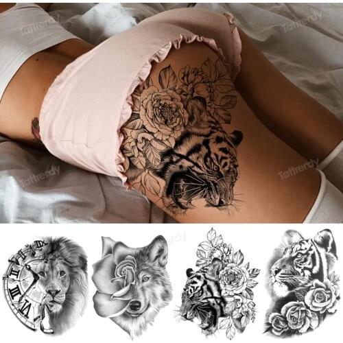 Big temporary tattoos animals thigh leg tiger rose wolf lion head sexy fake tatoo woman men body art tattoo sticker waterproof