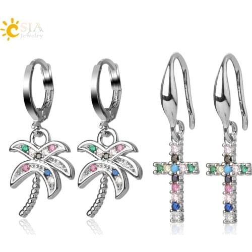 CSJA Gold Silver Plated Heart Hoop Earrings for Mother Metal CZ Crystal Coconut Tree Ear Pendant Cross Hanging Earring Cute S657