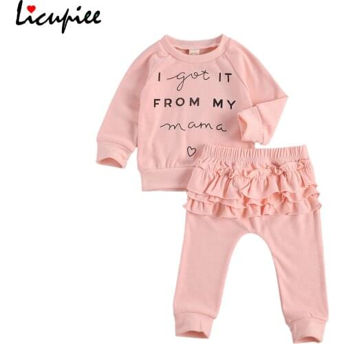 Childrens 2-piece Suits Little Girls Letter Print Crew Neck Lace Long Sleeve Top, Long Triple Lace Pants 0-3 Years