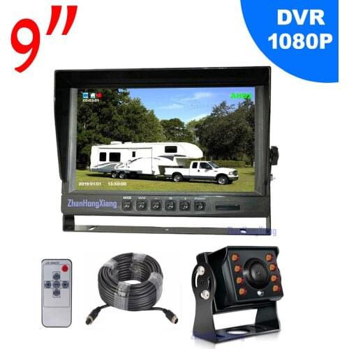 HD 1080P Vehicle Reverse Back up Camera 8LED IR + 9" IPS Rear View DVR SD Recording 2CH Split Monitor System For RV Bus Truck
